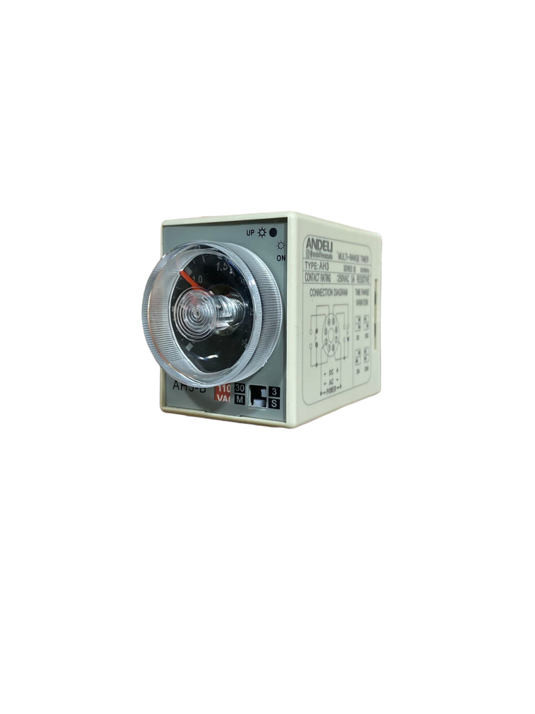 TEMPORIZADOR ON-DELAY, ANALOGICO DE RANGO MULTIPLE 8 PINES AH3-B 110V ANDELI 