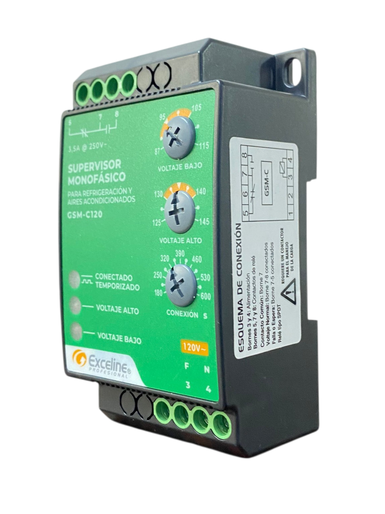 SUPERVISOR DE VOLTAJE MONOFASICO 120 Vca P/REFRIGERACION Y AA GSM-C120 EXCELINE