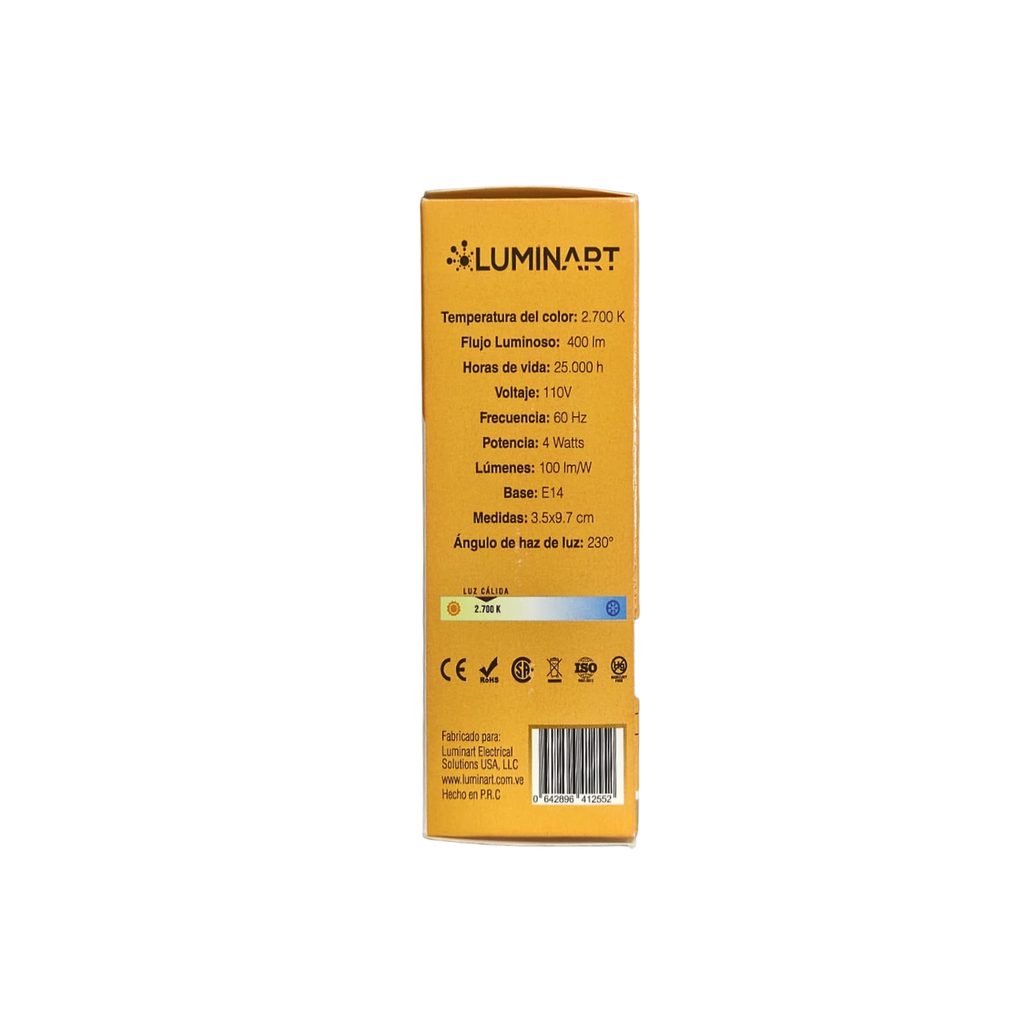 BOMBILLO LED 4W TIPO VELA E14 110VAC 2700°K 