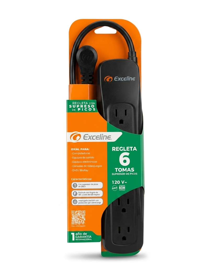 REGLETA SUPRESOR DE PICOS 350 JOULES 6 TOMAS CON CABLE 0,8 m INTERRUPTOR 10A NEGRA GMT-6-120308
