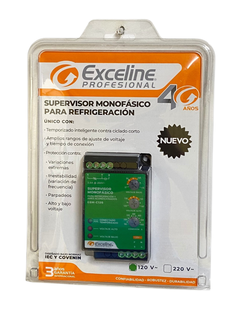 SUPERVISOR DE VOLTAJE MONOFASICO 120 Vca P/REFRIGERACION Y AA GSM-C120 EXCELINE