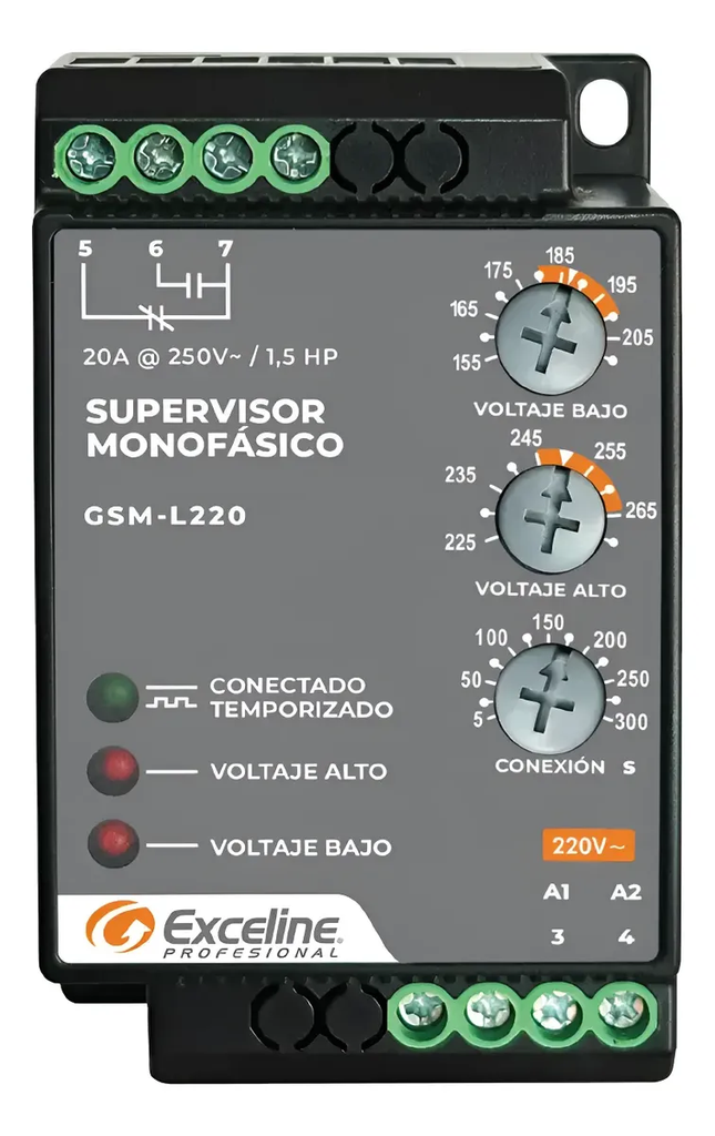 SUPERVISOR DE VOLTAJE MONOFASICO HASTA 1.5 HP 220 VCA GSM-L220 EXCELINE