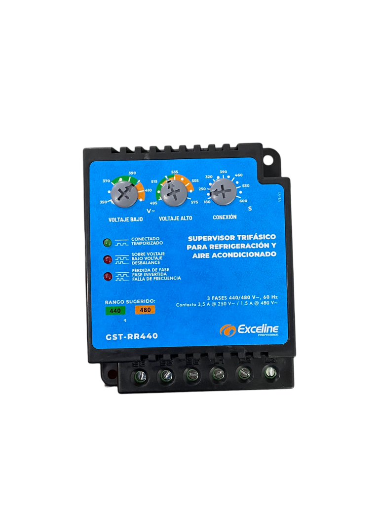 SUPERVISOR DE VOLTAJE TRIFASICO PARA REFRIGERACION Y AIRES ACONDICIONADOS 440/480 V GST-RR440 MARCA EXCELINE