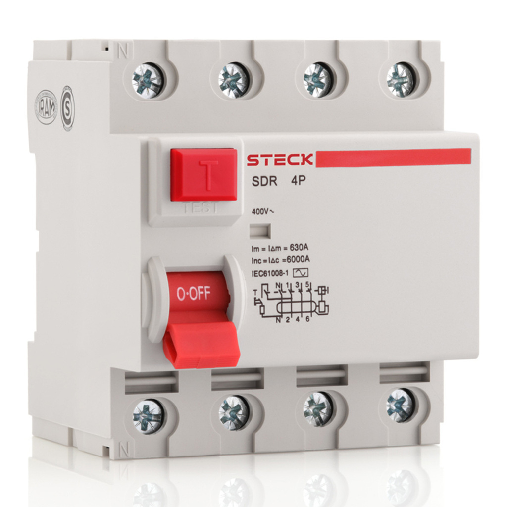 INTERRUPTOR DIFERENCIAL TIPO RIEL 100A 4 POLOS 30MA 230V STECK