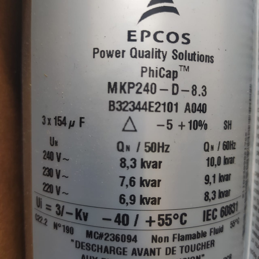 CAPACITOR/CONDENSADOR 10KVAR 240VAC 60HZ TRIFASICO PARA COMPENSACION REACTIVA