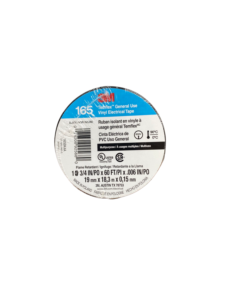 TEIPE NEGRO de Uso General Temflex 165, 3/4 in x 60 ft (18,3 mts.) 165BK4A 3M