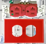 TOMACORRIENTE DOBLE TIPO 270 125V 20A 2P+T POLARIZADO HOSPITALARIO ROJO C/TAPA NEMA 5-20R 8300RD+5132RD BOX EATON