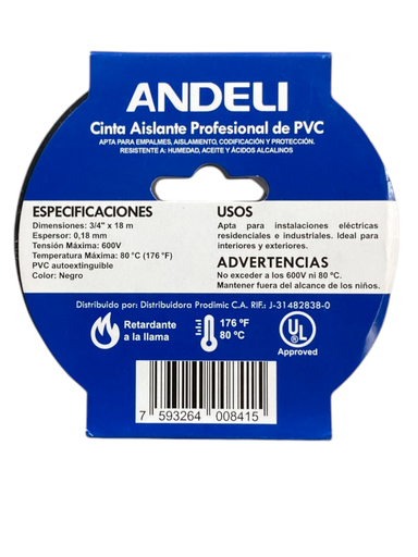 [PVC NEGRO] TEIPE - CINTA AISLANTE PVC NEGRO 3/4"X18m 600V ANDELI